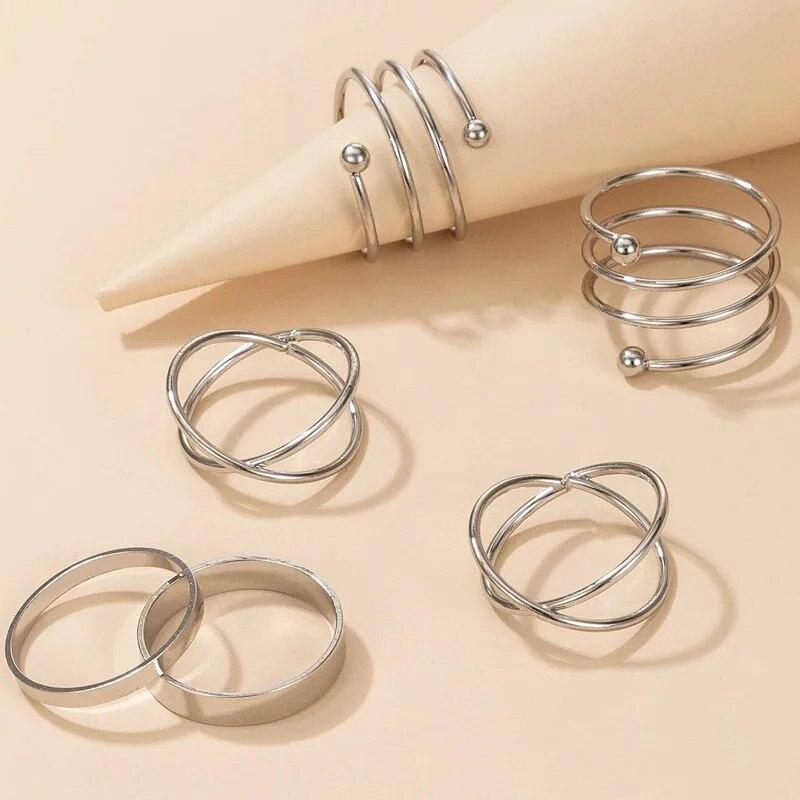 TwistSilver Silver Color Geometric Cross Open Ring Set- Set of 6