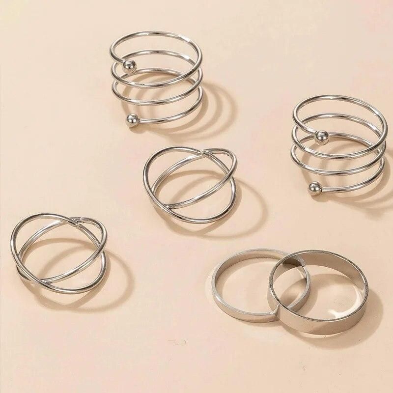 TwistSilver Silver Color Geometric Cross Open Ring Set- Set of 6