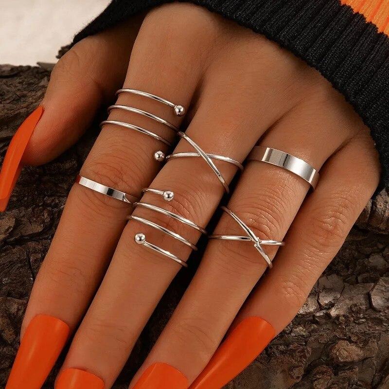 TwistSilver Silver Color Geometric Cross Open Ring Set- Set of 6