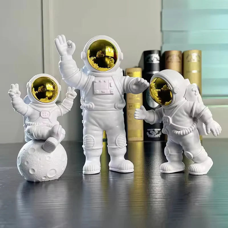 Astronaut Spaceman Statue Ornament Home Office Desktop Figurine Decors Set of 3 - Golden