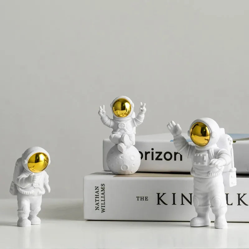 Astronaut Spaceman Statue Ornament Home Office Desktop Figurine Decors Set of 3 - Golden