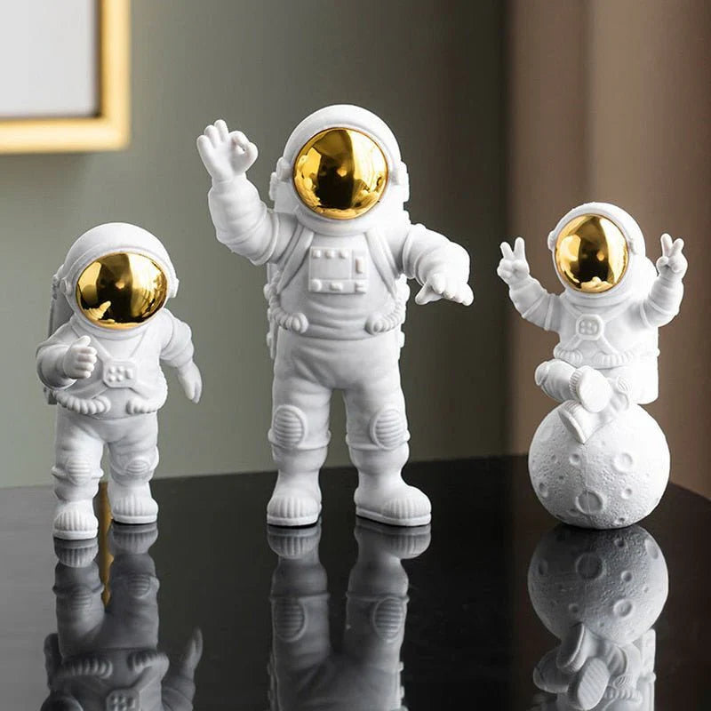 Astronaut Spaceman Statue Ornament Home Office Desktop Figurine Decors Set of 3 - Golden